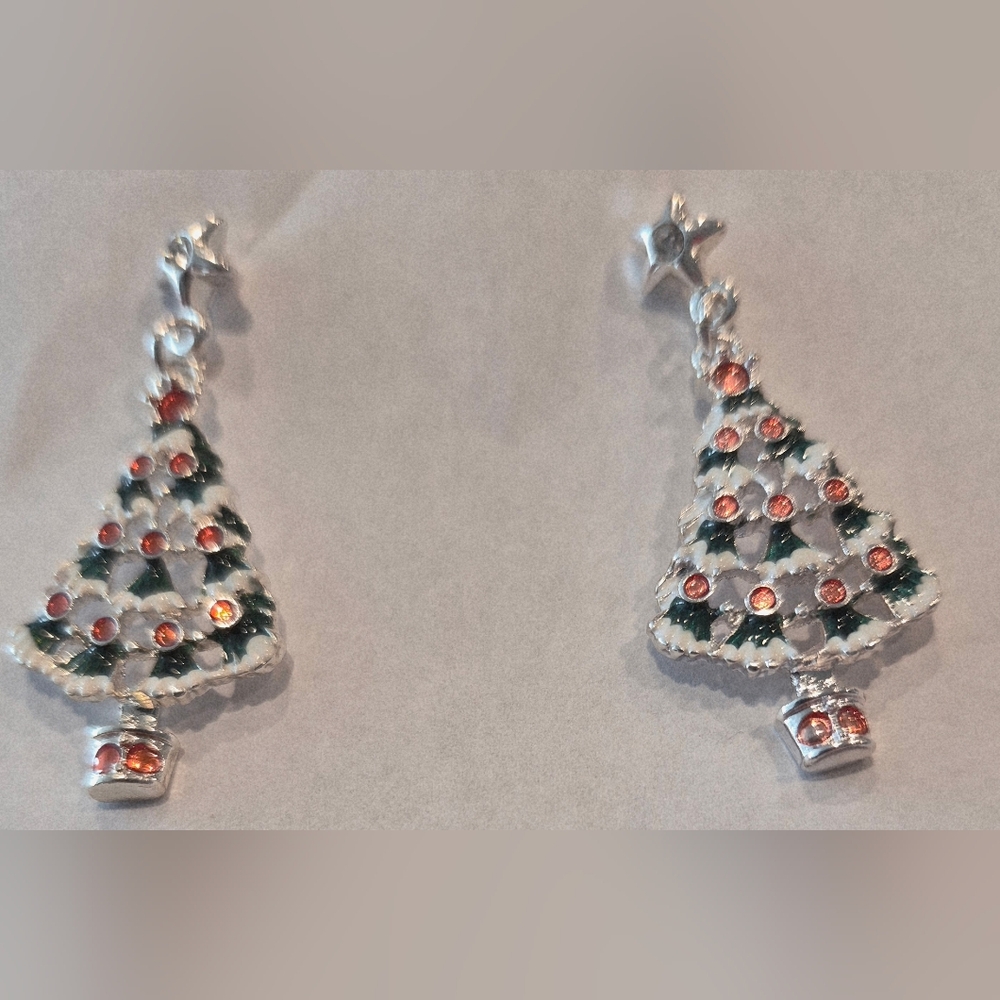 Festive Silver and Red Tree Earrings
